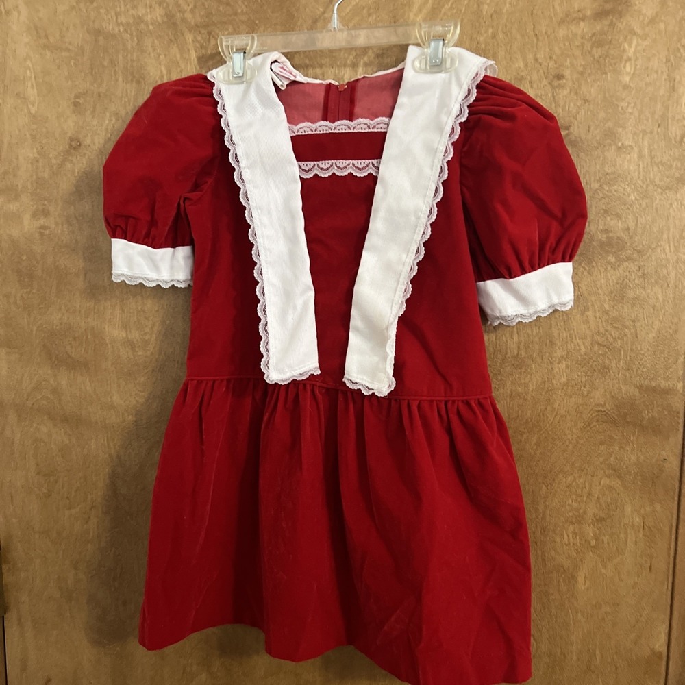 Vintage Jane Darling Red Velvet Dress Lace Trim Girls Size 6X USA Zip‎ Up EUC
